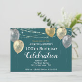100. Geburtstag Gold Silberne Glitzer Balloons Einladung (Stehend Vorderseite)
