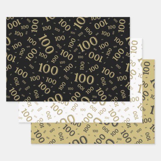 100. Geburtstag Gold und Schwarz Zahlenmuster 100 Geschenkpapier Set (Set)