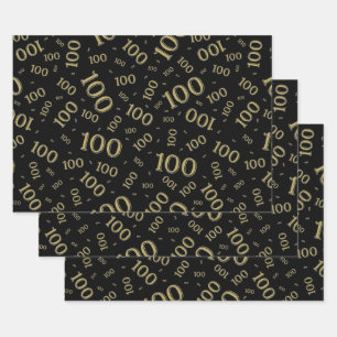 100. Geburtstag Gold und Schwarz Zahlenmuster 100 Geschenkpapier Set