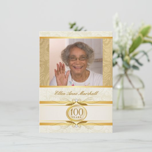 100. Geburtstag - Golddamast-Foto-Einladung Einladung (Stehend Vorderseite)