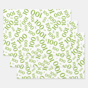 100. Geburtstag Grün- und Weißes Zahlenmuster 10 Geschenkpapier Set