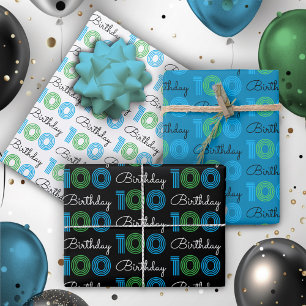 100. Geburtstag Grüne blaue Papierblätter Geschenkpapier Set
