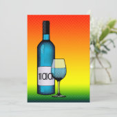 100. Geburtstag : halftone Weinflasche & Glas Einladung (Stehend Vorderseite)