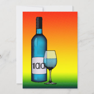 100. Geburtstag : halftone Weinflasche & Glas Einladung
