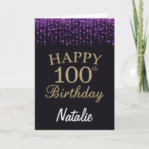 100. Geburtstag Lila Black and Gold Glitzer Card Karte