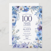 100. Geburtstag, Lila & blau, Blume, Meilenstein Einladung (Vorne/Hinten)