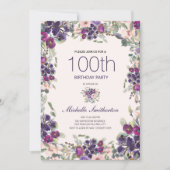 100. Geburtstag Lila florale Elegant Chic Einladung (Vorderseite)