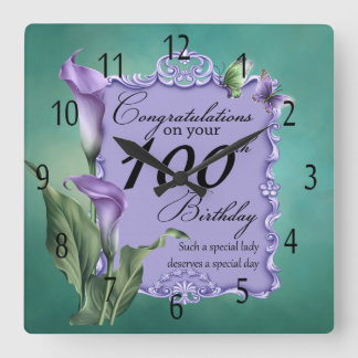 100. Geburtstag Lila Lily-Uhr Quadratische Wanduhr