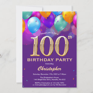 100. Geburtstag Lila und goldene Ballons Einladung