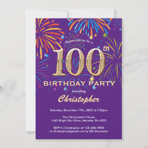 100. Geburtstag Lila und goldene Regenbogenfeuerwe Einladung