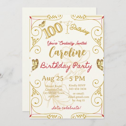 100. Geburtstag Meilenstein Elegant Einladung (Vorne/Hinten)