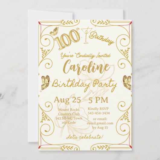 100. Geburtstag Meilenstein Elegant Einladung (Vorderseite)