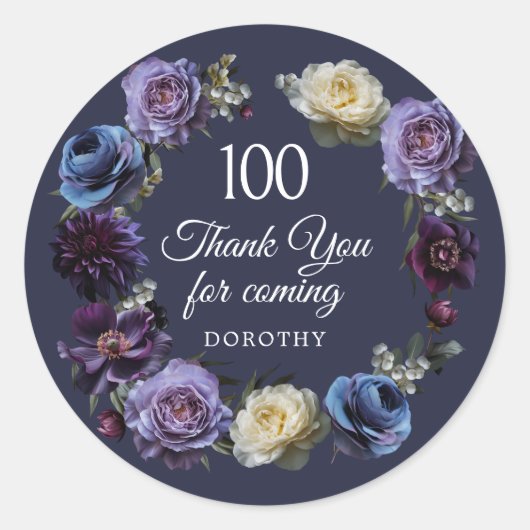 100. Geburtstag Moody Lila Blume Vielen Dank für I Runder Aufkleber (Vorderseite)