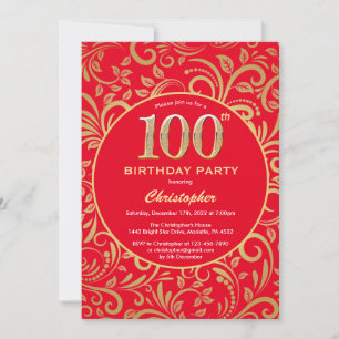 100. Geburtstag Muster Rot und Gold Floral Einladung
