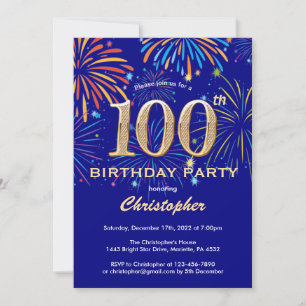 100. Geburtstag Navy Blu und Gold Rainbow Firework Einladung