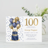 100. Geburtstag Navy Blue Balloon Cake Einladung (Stehend Vorderseite)