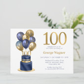100. Geburtstag Navy Blue Balloon Cake Einladung (Stehend Vorderseite)