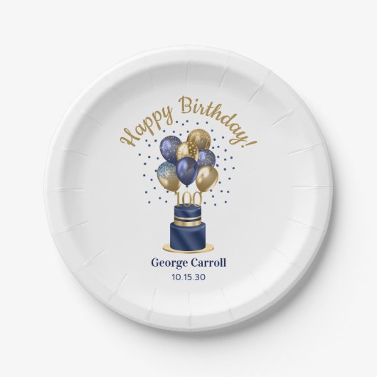 100. Geburtstag Navy Blue Balloon Cake Pappteller (Vorderseite)