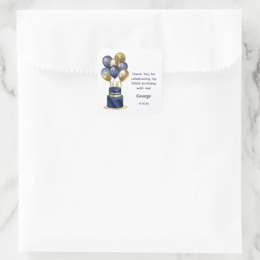 100. Geburtstag Navy Blue Balloon Cake Vielen Dank Quadratischer Aufkleber (Tasche)