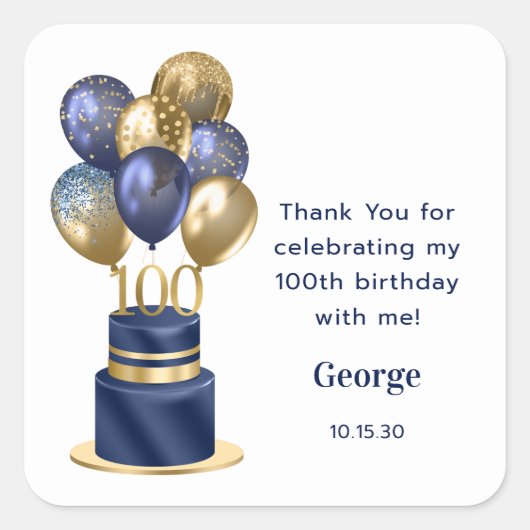 100. Geburtstag Navy Blue Balloon Cake Vielen Dank Quadratischer Aufkleber (Vorderseite)