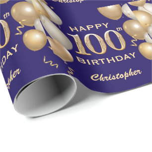100. Geburtstag Navy Blue und Gold Glitzer Balloon Geschenkpapier