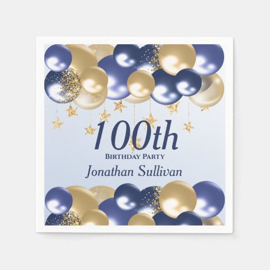 100. Geburtstag Navy Gold Ballons Party Serviette (Vorderseite)