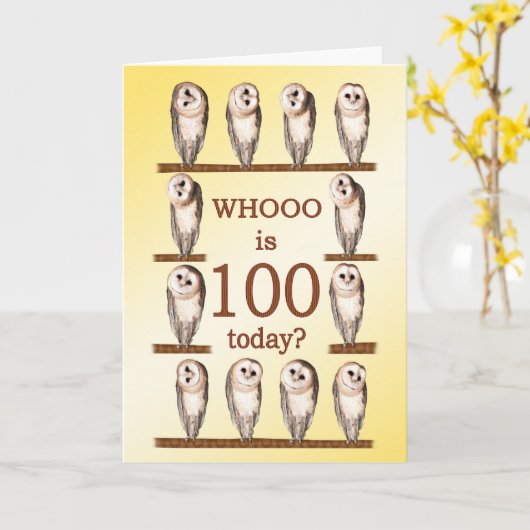 100. Geburtstag, neugierige Eulen Karte (Gelbe Blume)
