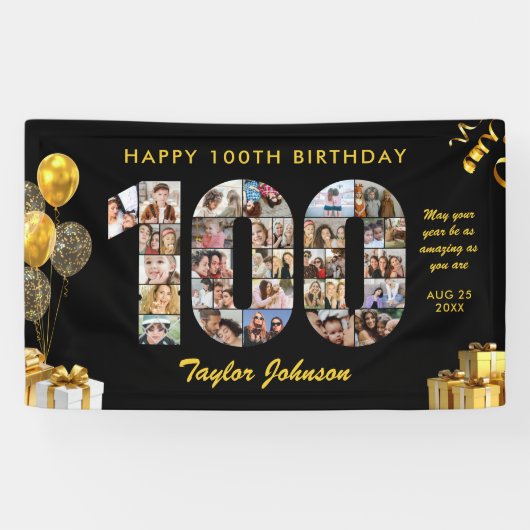 100. Geburtstag Nummer 100 Fotocollage Schwarz Gol Banner (Horizontal)