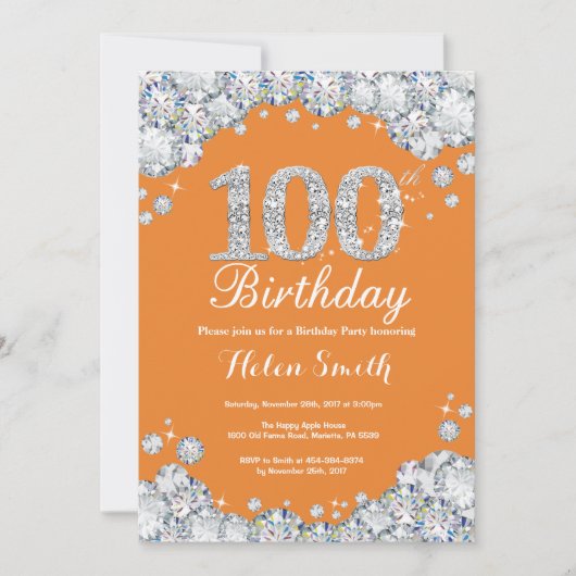 100. Geburtstag Orange Silver Diamond Einladung (Vorderseite)