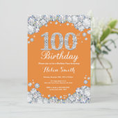 100. Geburtstag Orange Silver Diamond Einladung (Stehend Vorderseite)