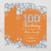 100. Geburtstag Orange Silver Diamond Einladung (Vorne/Hinten)