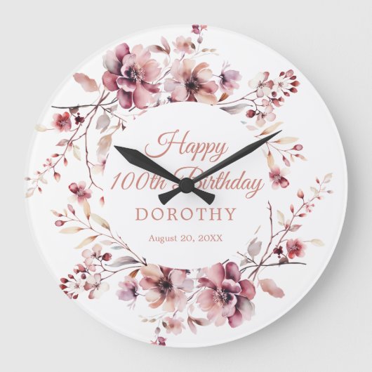 100. Geburtstag Personalisiert Burgundy Pink Flora Große Wanduhr (Vorderseite)