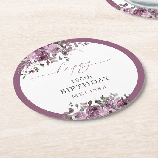 100. Geburtstag Personalisiert Elegante Lila Blume Runder Pappuntersetzer (Angewinkelt)