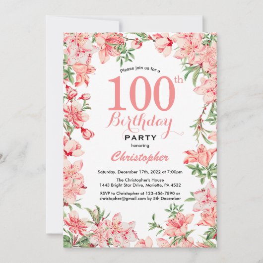 100. Geburtstag Pink Boho Botanische Blume Einladung (Vorderseite)
