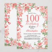 100. Geburtstag Pink Boho Botanische Blume Einladung (Vorne/Hinten)