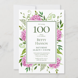 100. Geburtstag Pink Hydrangeas Card Anfrage Einladung