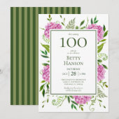 100. Geburtstag Pink Hydrangeas Einladung (Vorne/Hinten)