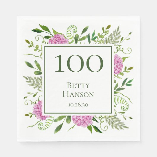 100. Geburtstag Pink Hydrangeas Serviette (Vorderseite)