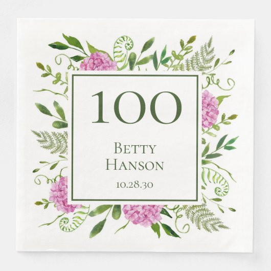 100. Geburtstag Pink Hydrangeas Serviette (Vorderseite)