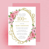 100. Geburtstag Pink Rose Floral Gold