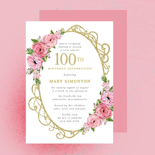 100. Geburtstag Pink Rose Floral Gold Einladung
