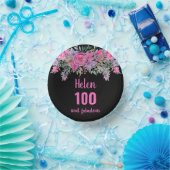 100. Geburtstag pink schwarz Aquarellblume Pappteller (Party)