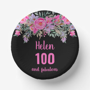 100. Geburtstag pink schwarz Aquarellblume Pappteller