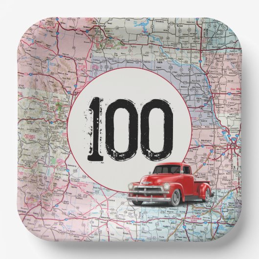 100. Geburtstag Red Retro Truck auf der Roadmap Pappteller (Vorderseite)