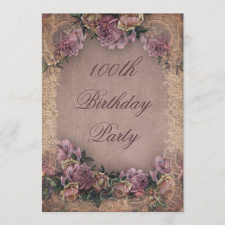100. Geburtstag Romantische Vintage Rose und Spitz Einladung