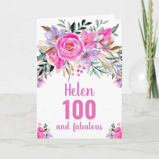100. Geburtstag rosa Aquarellblüte Karte (Vorderseite)
