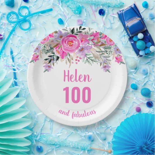 100. Geburtstag rosa Aquarellblüte Pappteller (Party)