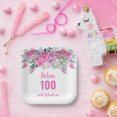 100. Geburtstag rosa Aquarellblüte Pappteller (Party)