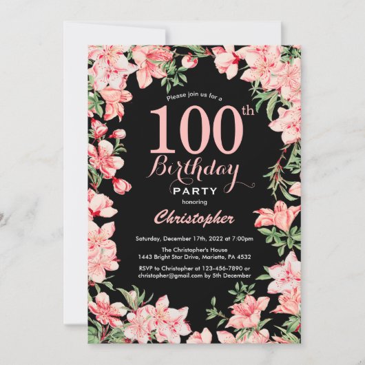 100. Geburtstag Rosa Blume Schwarzer Hintergrund Einladung (Vorderseite)