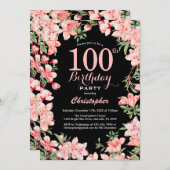 100. Geburtstag Rosa Blume Schwarzer Hintergrund Einladung (Vorne/Hinten)